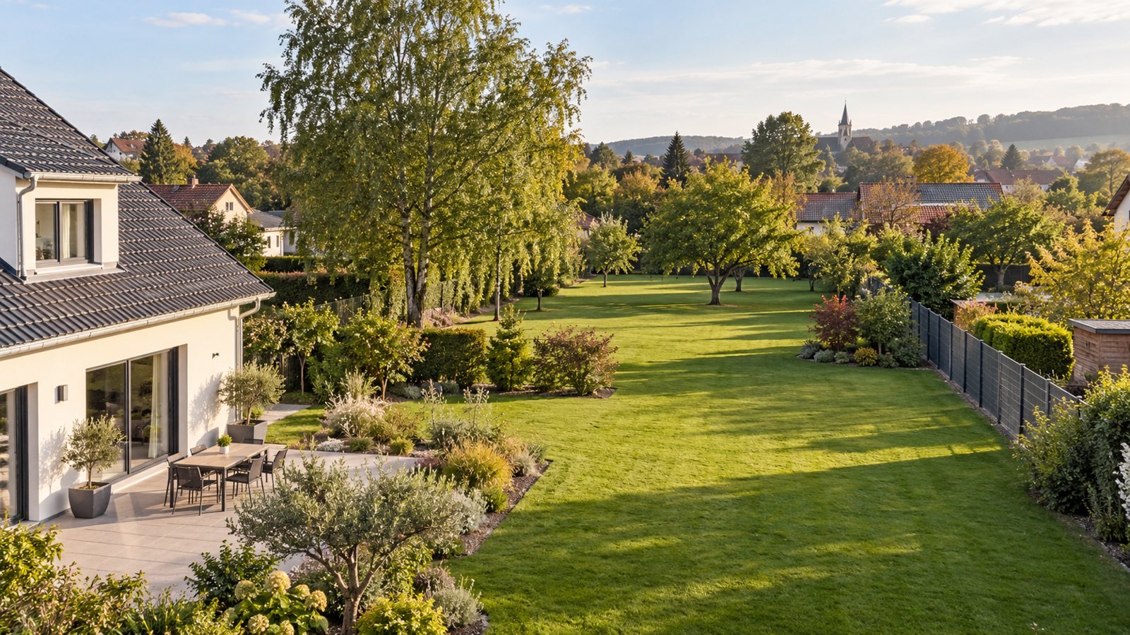 Illustration photorealiste d'un grand jardin attenant a une maison, avec possibilite d'etude de division