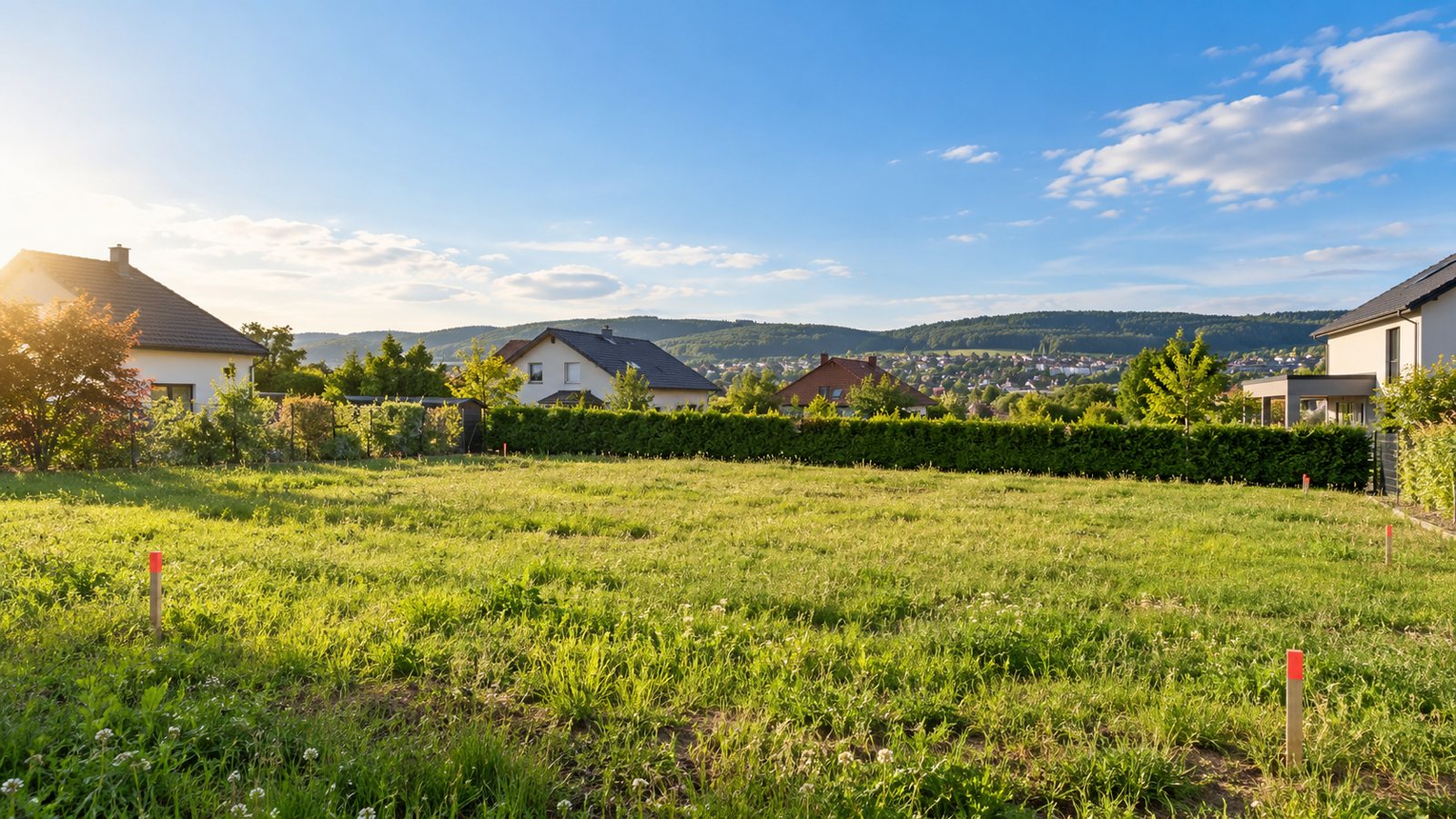 Illustration photorealiste d'un terrain a batir dans un quartier residentiel