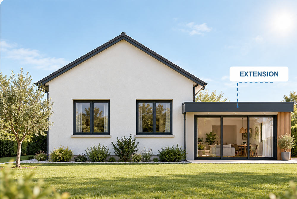 Maison existante avec une extension contemporaine vitrée