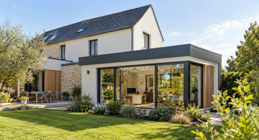 Agrandissement sur le jardin, façade vitrée sur une maison existante