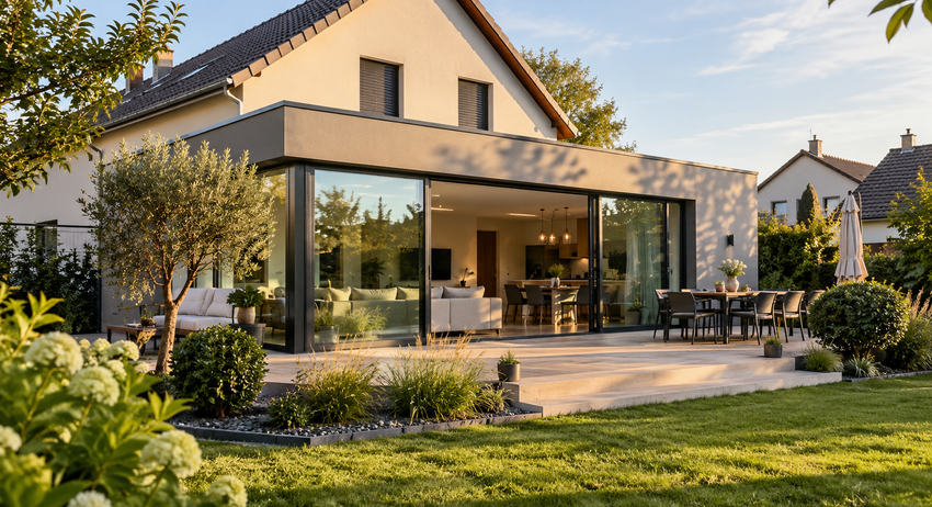 Extension lumineuse ouverte sur le jardin avec salon et salle à manger