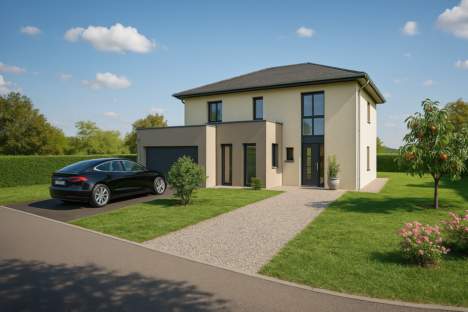 Maison contemporaine avec grandes baies vitrées et jardin